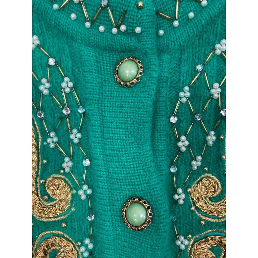 *Vintage Belldini Angora Embellished Button Cardigan Sweater M Green Gold Jewel - Picture 7 of 11